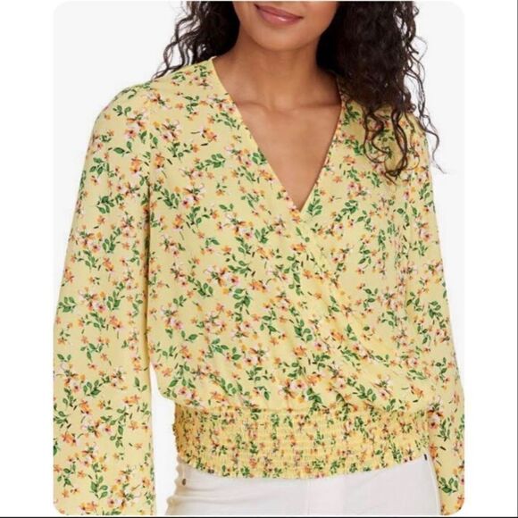 For The Republic Floral Bell Sleeve Surplice Blouse Yellow Large - Picture 1 of 13